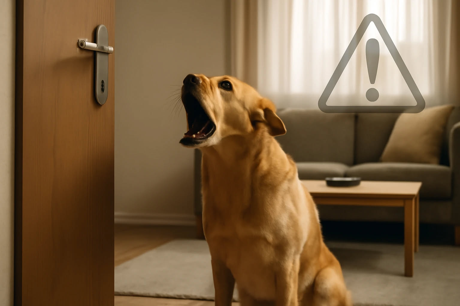 Cane di taglia media riposa su un lettino beige in una zona della casa illuminata naturalmente, circondata da giocattoli e una ciotola per l'acqua