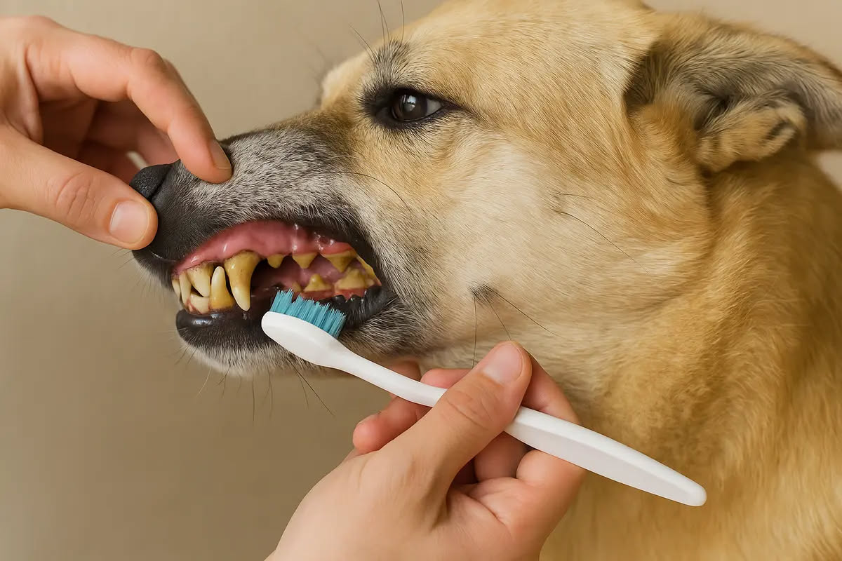 Cucciolo di cane che mastica un gioco di corda su un pavimento di legno, con espressione concentrata e orecchi sollevati