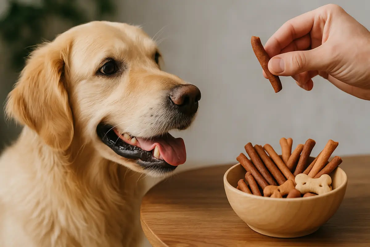Ciotola piena di crocchette accanto a un cane beige che mangia avidamente, con una mano umana che versa altro cibo, su sfondo bianco