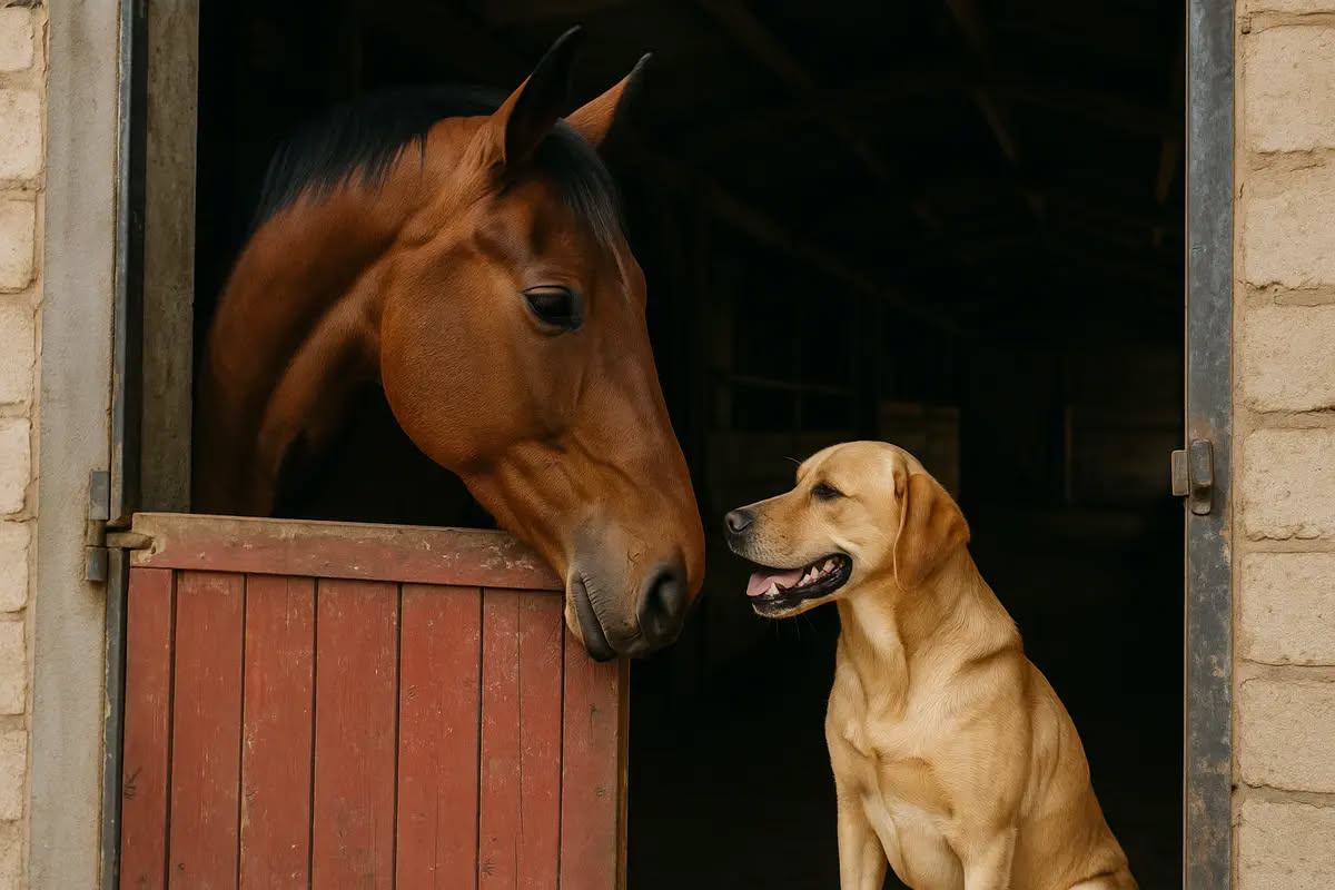 Un branco di cani di diverse razze corre insieme in un prato verde, senza gerarchie evidenti, in libertà e armonia