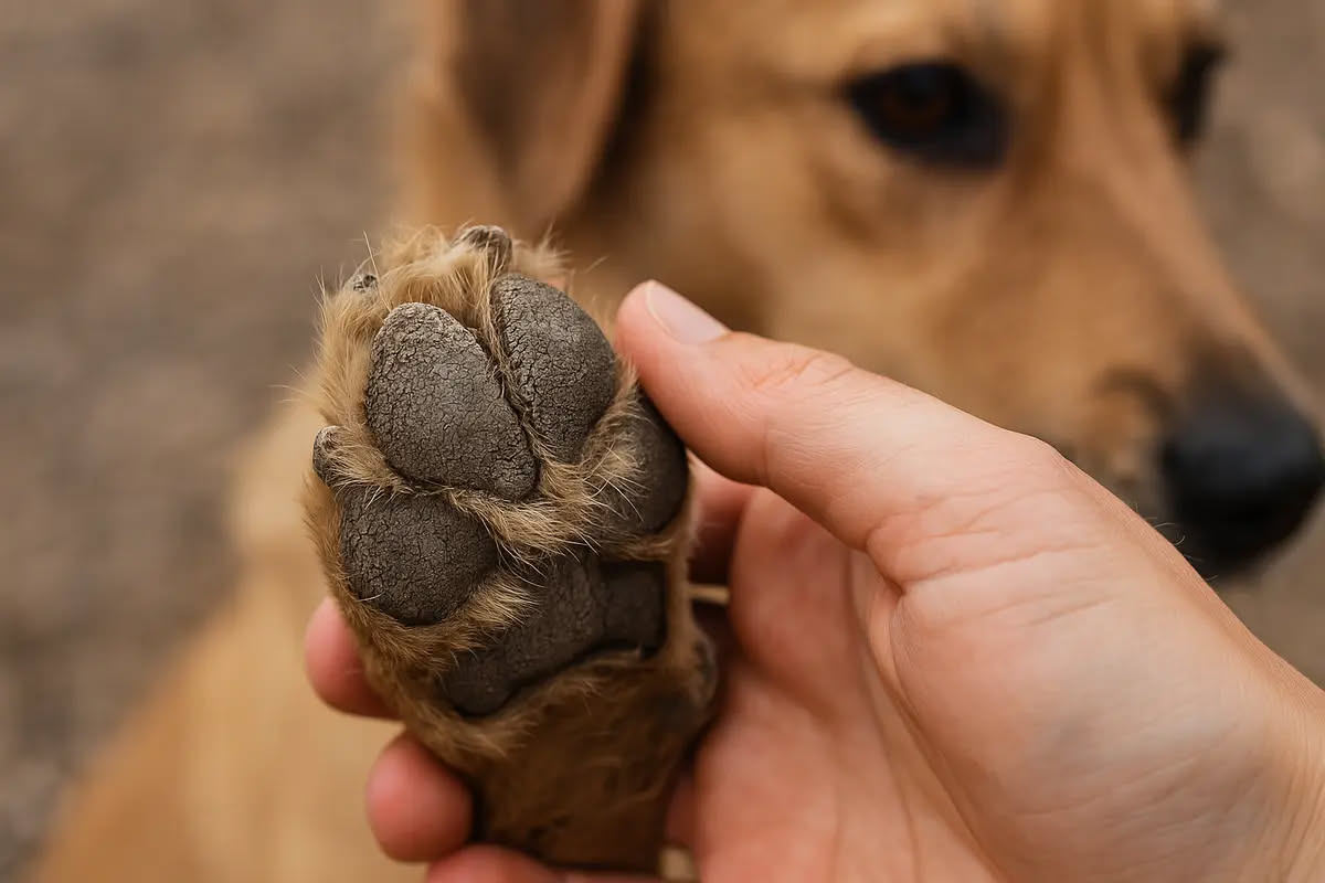 Un uomo seduto accanto a un cane marrone che lo guarda negli occhi, in una foresta con luce dorata del tramonto