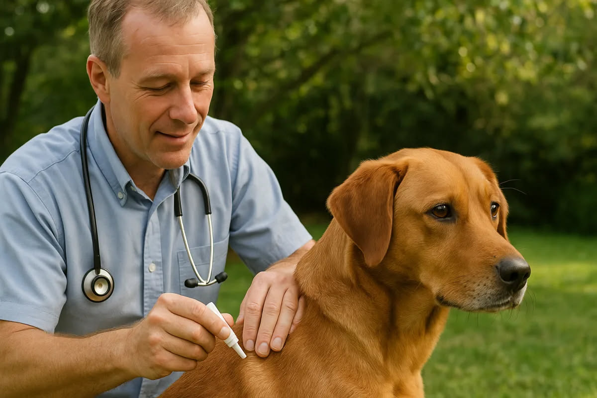 Cane di medie dimensioni durante visita dal veterinario che consulta l'proprietario su integratori alimentari, con flaconi di supplementi visibili sul tavolo della clinica