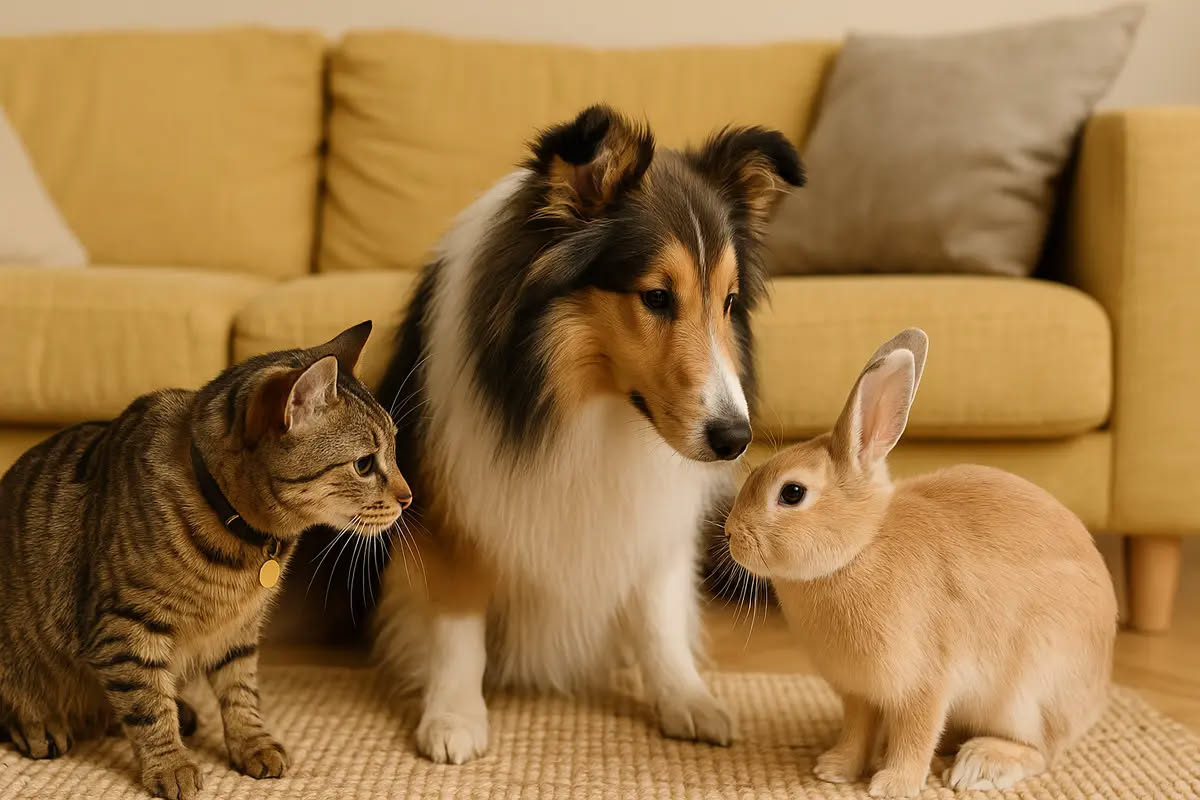 Quattro cani di razze diverse giocano insieme in un giardino soleggiato, seduti e in movimento, mostrando interazioni sociali positive e comportamenti gregari