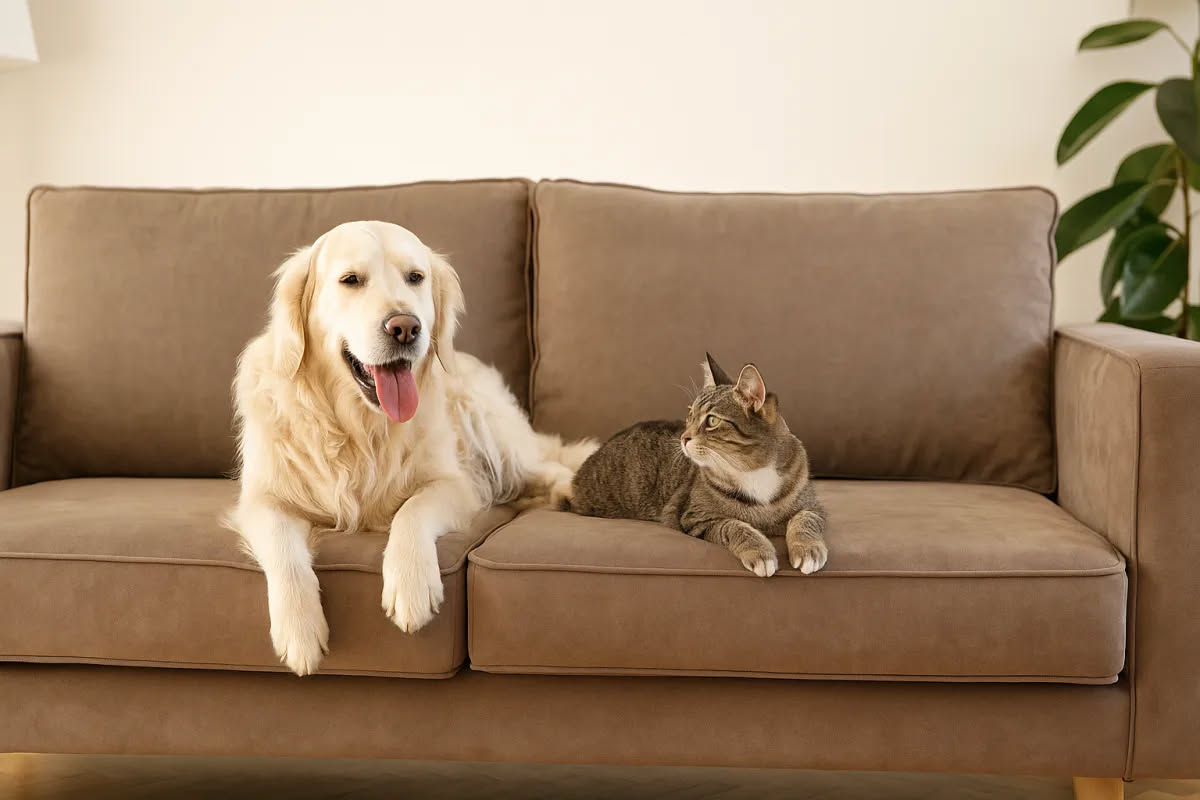 Cuccia in tessuto grigio accanto a due ciotole in acciaio inossidabile su pavimento in legno, con giocattoli per cani sullo sfondo