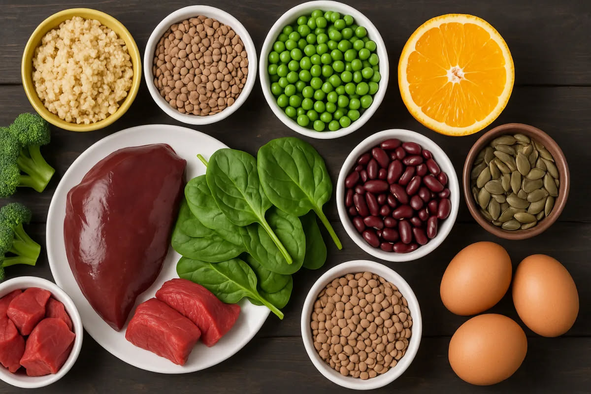 Ciotola di crocchette per cani su pavimento in legno, circondata da ingredienti naturali come carote, fegato, uova, olio di pesce e verdure fresche